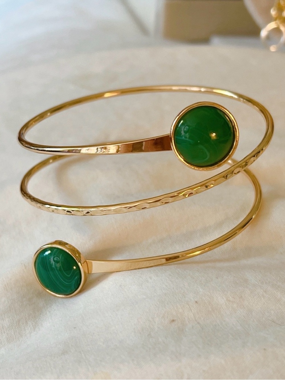 18k Gold Spiral Arm Cuff Bracelet with Malachite Green Stone Accents
